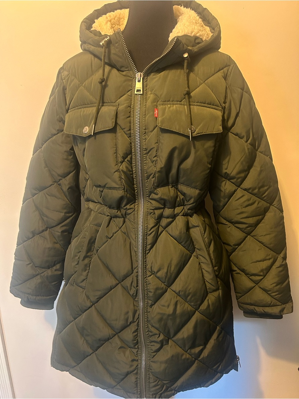 Levi's Olive Quilted Hooded Puffer Coat with Faux-Fur Trim